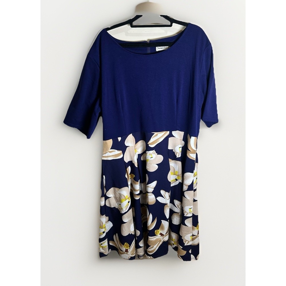 Nemidor Fit & Flare Dress Women 22 Blue Floral Midi Cotton Elbow Length Sleeve